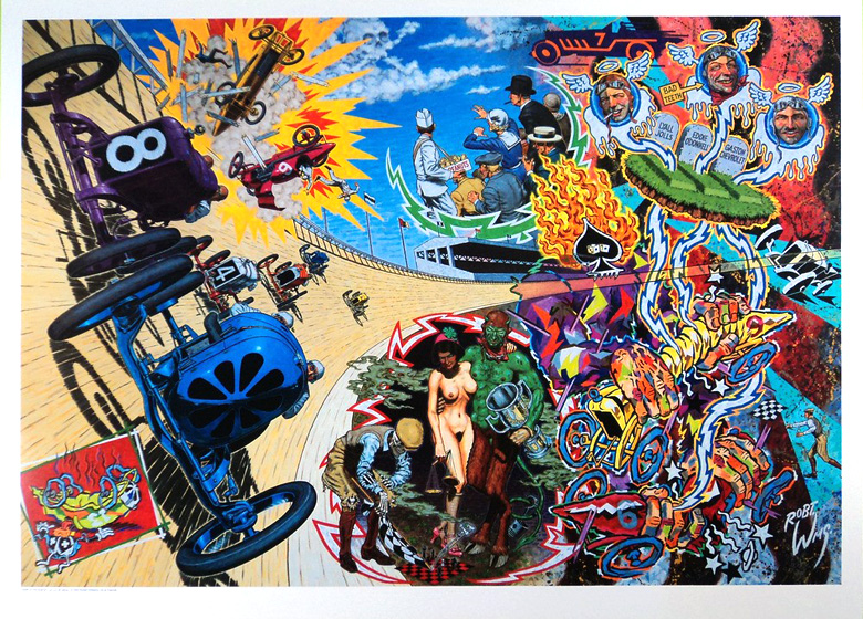 image of robert williams print of a a drag strip race with oddly placed imagery of a nude woman, a peanuts guy, three dead drag racers
