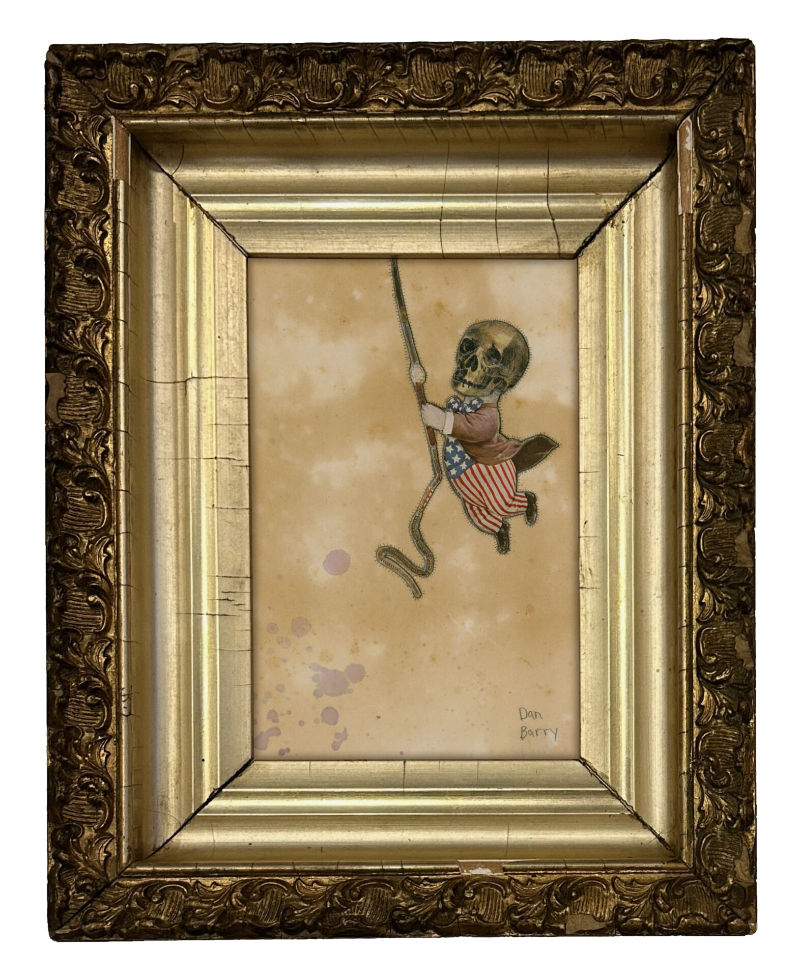 collage by dan barry of a skeleton dressed as uncle same hanging with his hands from a rope on a blank tan background, artwork is framed