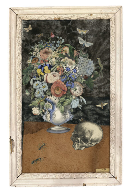 dan barry it remains to be seen collage art of a floral arrangements next to a skull that has USA engraved on it