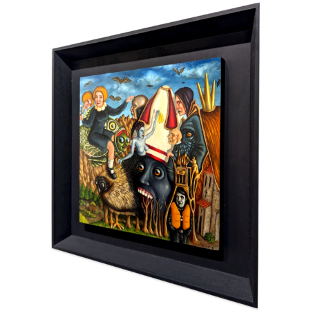 surrealist framed painting by FADNAT of several humanoid figures morphing into each other. there is a giant blue demon head that is morphing into a dog snout. a couple of girls floating around.