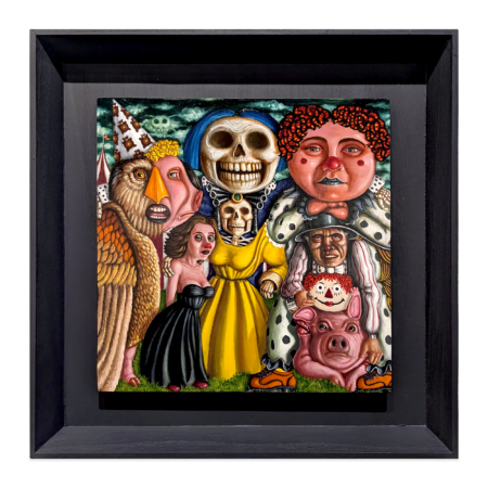 surrealist painting by fadnat of a group of figures of varying sizes; a clown, a skeleton, a birdman shap shifting into another man; a woman. framed painting