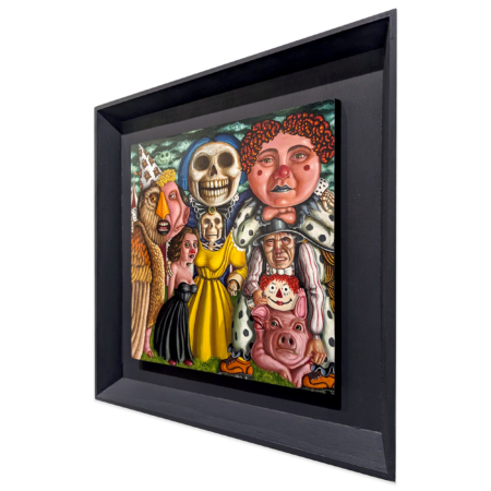 surrealist painting by fadnat of a group of figures of varying sizes; a clown, a skeleton, a birdman shap shifting into another man; a woman. framed painting