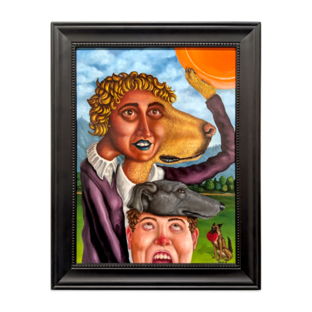 a framed painting of two people where their heads are morphing into dogs. the girl in the painting is holding a frisbee with her dog paw.