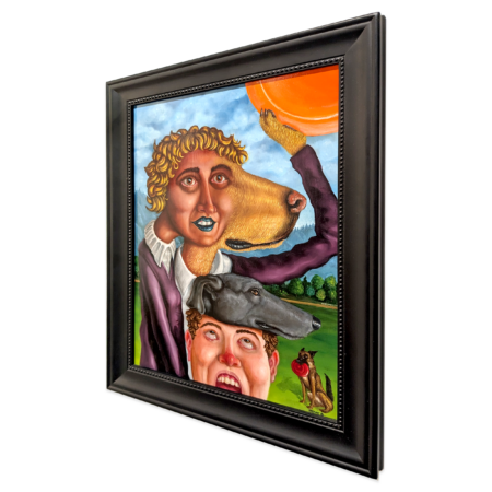 a framed painting of two people where their heads are morphing into dogs. the girl in the painting is holding a frisbee with her dog paw.