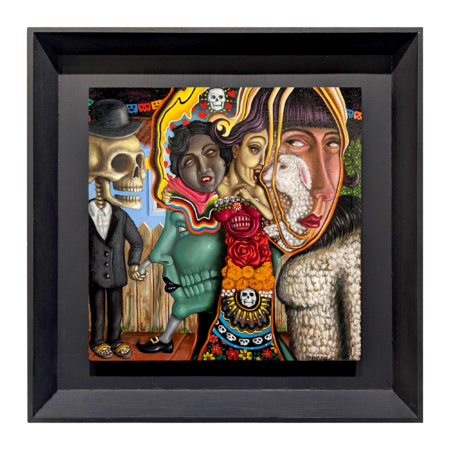 gallery wrapped unframed surrealist painting by FADNAT of two people with shortened bodies and other two heads growing out of their heads. both heads are wearing cowboy hats. red barn in the background