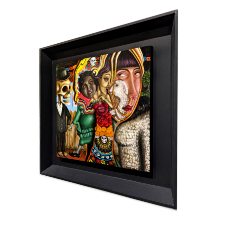 very detailed framed surrealist painting of various humanoid faces and figures that are morphing into each other. including a woman's face, a sheep, a skeleton in a suit and top hat. a green zombie woman, an indigenous woman