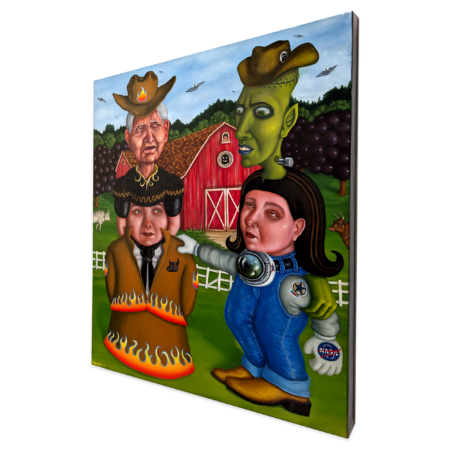 gallery wrapped unframed surrealist painting by FADNAT of two people with shortened bodies and other two heads growing out of their heads. both heads are wearing cowboy hats. red barn in the background