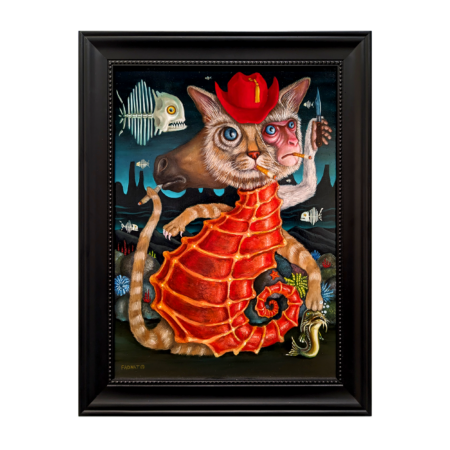 surrealist painting by FADNAT of a creature with the body of a seahorse, a head made of three heads; a cat, a monkey and a horse while wearing a cowboy hat