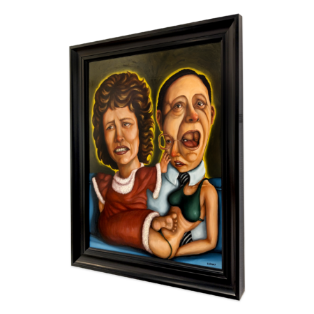 framed surrealist painting by FADNAT of a man and a woman with oversized heads conjoined at the legs. the man and woman are distressed. the mans mouth is birthing another head.