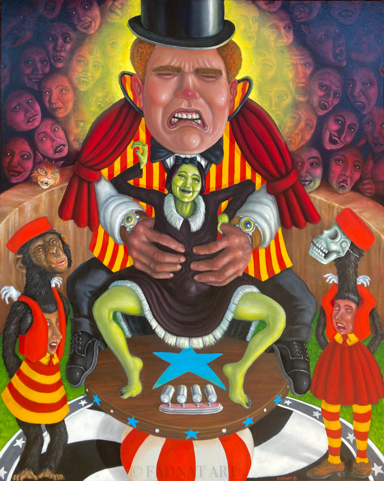 painting by fadnat in surrealist style of a ringmaster grimacing while holding a witch off the ground with her legs up in crouch