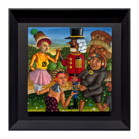 surrealist painting by FADNAT of several figures wearing odd and strange clothing and a nutcracker