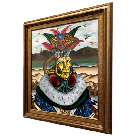 framed surrealist painting by FADNAT of an anthropomorphic "wasp king" with a tan female dancer with feathered garb on top of his head.