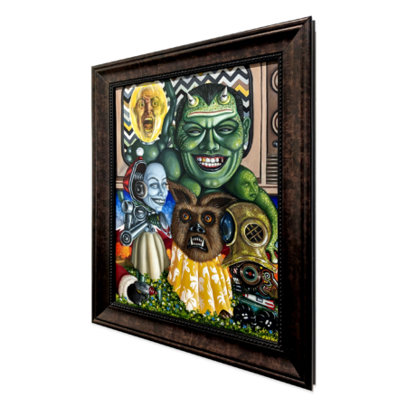 surrealist painting by fadnat of several anthropomorphic figures, werewolf, green devil robot in frame, side view