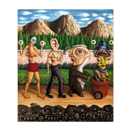 gallery wrapped unframed painting of three humanoid figures walking from right to left. each figure has an enlarge human organ; a large nose for a torso, a large ear for a head, a large profile on a bear body, and a lemon man in a planter pot.