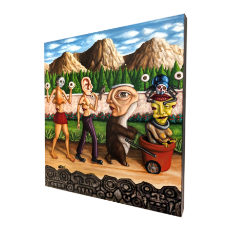 gallery wrapped unframed painting of three humanoid figures walking from right to left. each figure has an enlarge human organ; a large nose for a torso, a large ear for a head, a large profile on a bear body, and a lemon man in a planter pot.