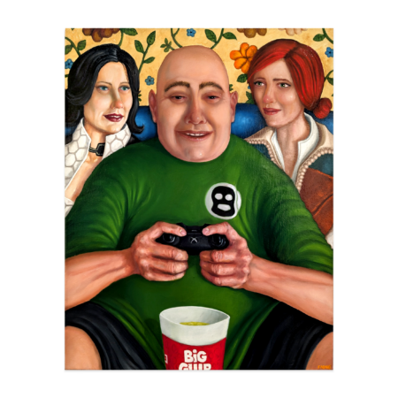 painting by fadnat of a man in a green shirt playing video games with a big gulp cup and two women by his side looking impressed.