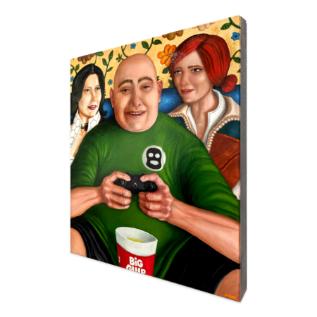 painting by fadnat of a man in a green shirt playing video games with a big gulp cup and two women by his side looking impressed.