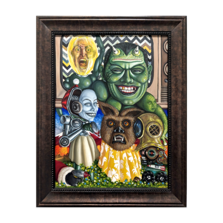 surrealist painting by fadnat of several anthropomorphic figures, werewolf, green devil robot