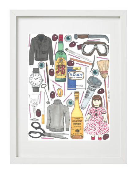 marker on paper artwork of various objects from the movie