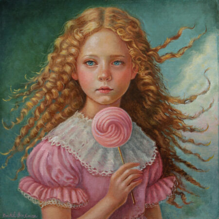 painting of a girl in pink victorian garb holding a lollipop on a turquoise background