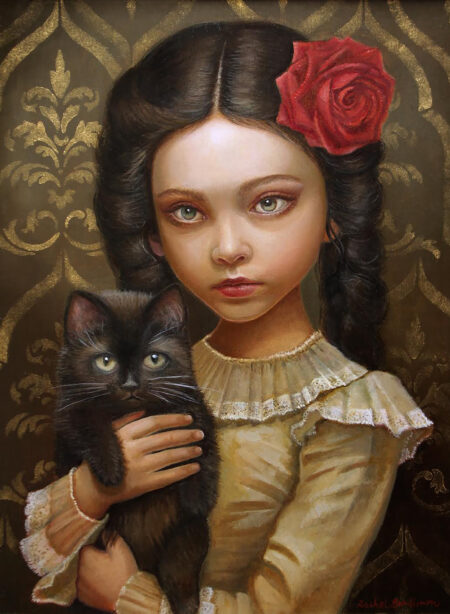 painting of a girl in brown Victorian clothing holding a black cat on a brown background