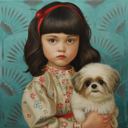 painting of a girl in victorian garb holding a puppy