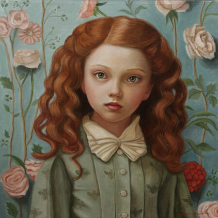 painting of a girl in victorian garb with red hair on a blue floral background