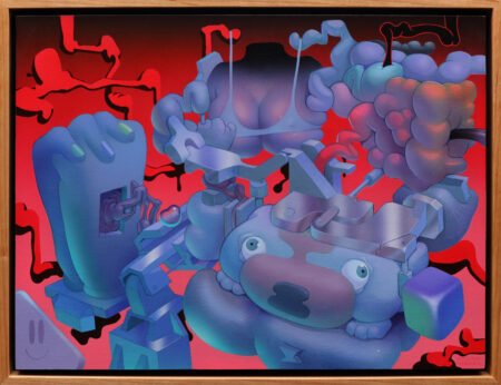 painting of globs and robots. blue and red tones.