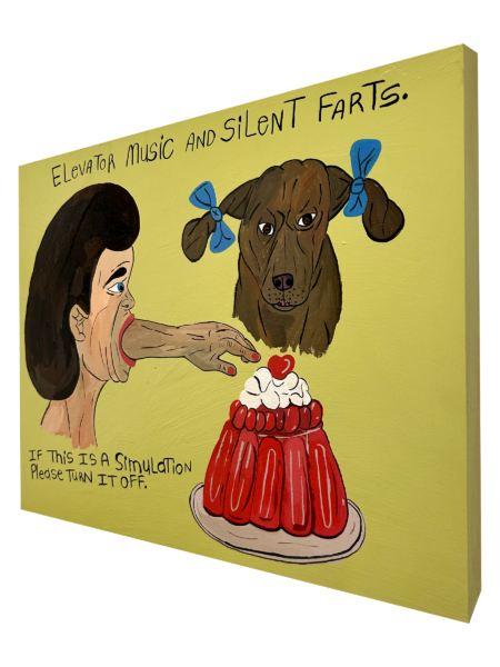 painting of a woman vomitting an arm that is reaching out to a decorated jello mold. do head with bows around its ears to look like pigtails. text that reads" elevator music and silent farts if this is a simulation please turn it off"