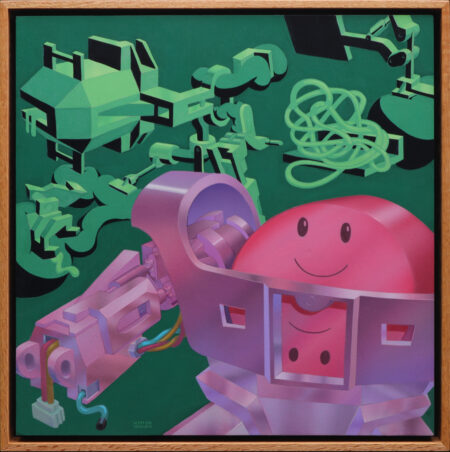 painting of a pink robot on a green background