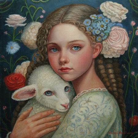 girl in victorian garb holding a white sheep on a floral background