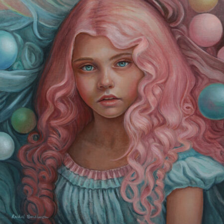 painting of a girl with pink hair on a bubblegum background