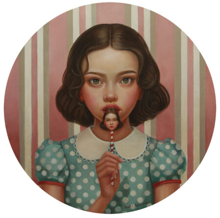 painting of a girl in victorian dress licking a lollipop of her own head on a pastel pink background