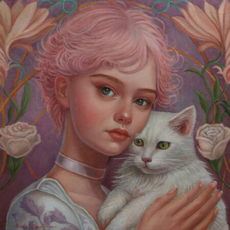 painting of a girl with a pink pixie cut holding a white cat on a floral pastel purple background