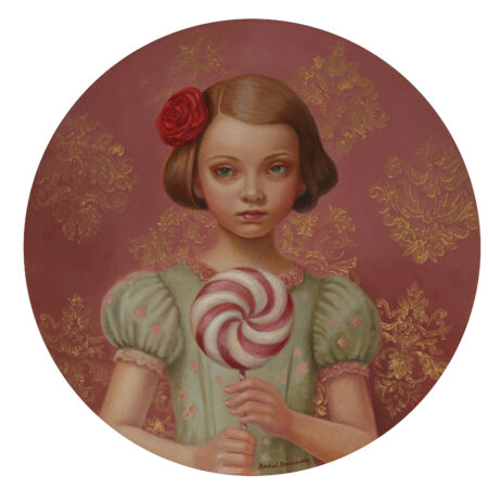 painting of a girl in victorian garb holding a red and white lollipop on a floral wallpaper background