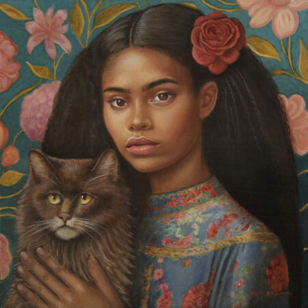 painting of a girl in victorian garb holding a brown cat on a floral background