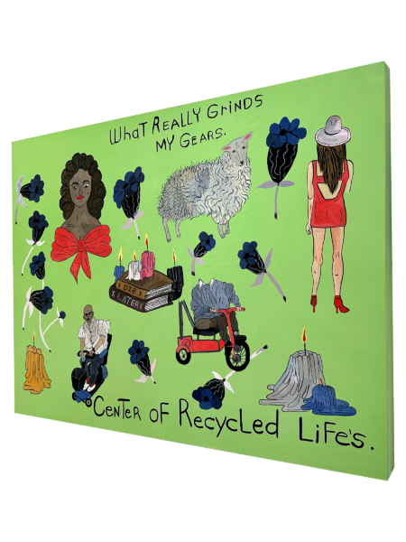 painting of people in wheel chairs and motor ability vehicles. a woman in a red dress and cowboy hat. a sheep. some flowers. a pile of books that read "die later" text " what really grinds my gears, center of recycled lifes"