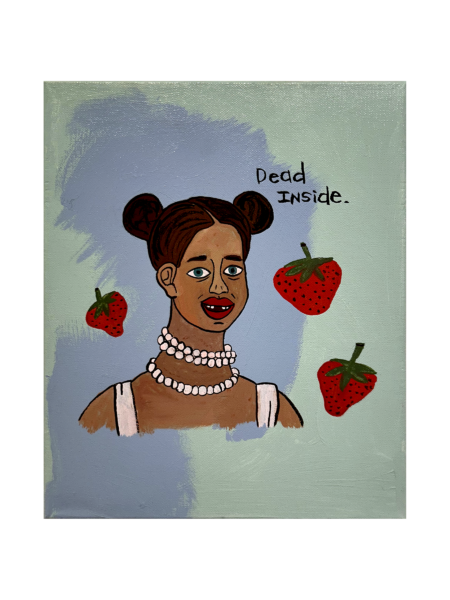 painting of a black woman with her two front teeth missing wearing pearls next to floating strawberries with text "dead inside"