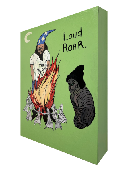 painting of a guy with a shirt that says " the wiz" and a wizard hat in front of a bondfire with a bunch of paper women dancing around the fire. a large tabby cat wearing a beanie sits. Text that reads "Load Roar"