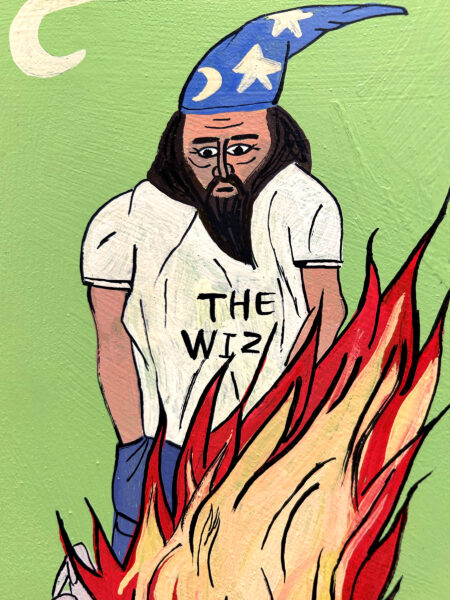 painting of a guy with a shirt that says " the wiz" and a wizard hat in front of a bondfire with a bunch of paper women dancing around the fire. a large tabby cat wearing a beanie sits. Text that reads "Load Roar"