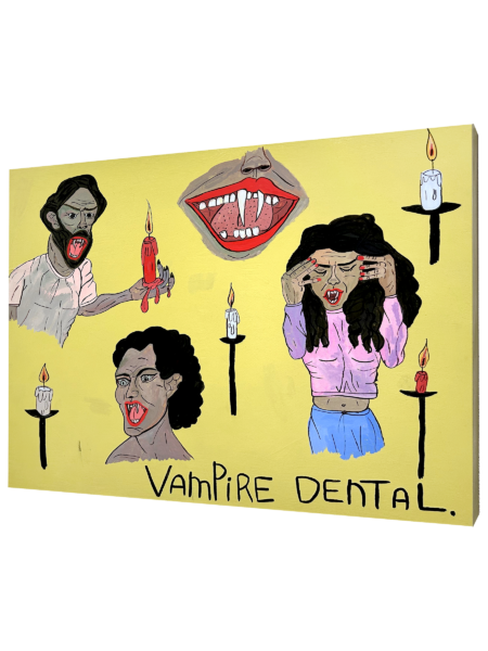 acrylic painting with text "vampire dental" three vampires in pain with their mouths open and several candles around them