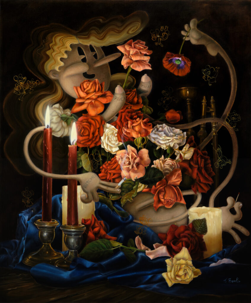 oil painting by amanda banker of a nude woman stylized like a max fleischer character (like betty boop or cuphead). she is a blonde surrounded by roses and candles
