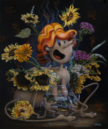 oil painting by amanda banked of a nude woman stylized like a max fleischer character (like betty boop or cuphead). she is a red head with vulgar tattoos surrounded by sunflowers