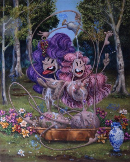oil painting by amanda banker of two nude women in the style of cartoons max fleischer (betty boop and popeye) having a tea party in a forest. They are heavily tattooed
