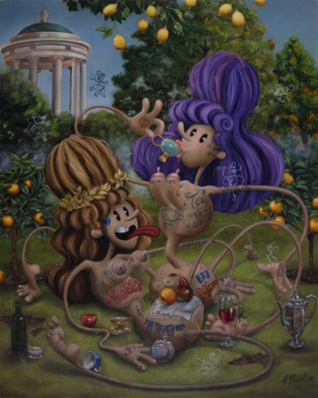 oil painting by amanda banker of two nude women in the style of cartoons max fleischer (betty boop and popeye) having a tea party in a garden