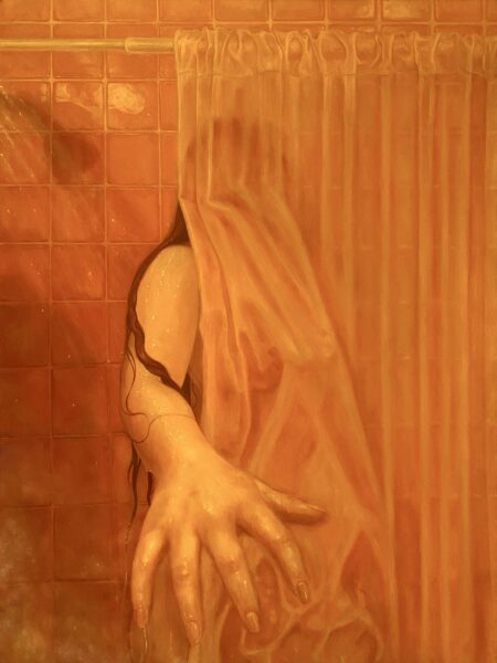 hi chromatic painting in mono-tone orange by jesse zuo of a woman in a shower reaching out from behind the shower.
