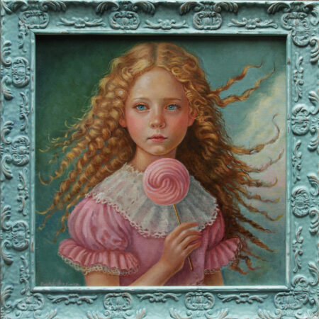 painting of a girl in pink victorian garb holding a lollipop on a turquoise background in pastel blue frame
