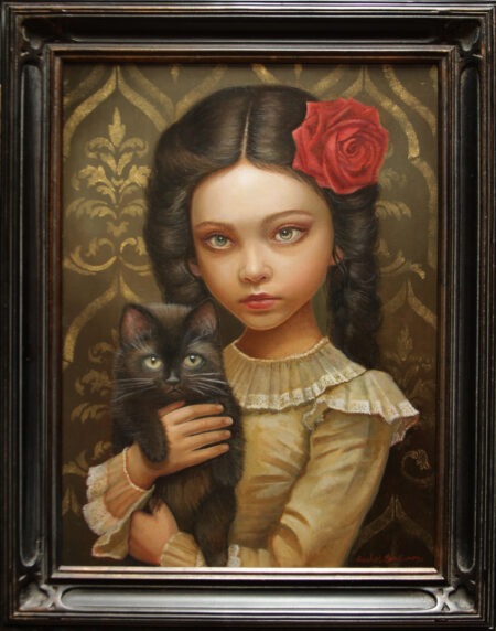 painting of a girl in brown Victorian clothing holding a cat on a brown background in dark brown frame
