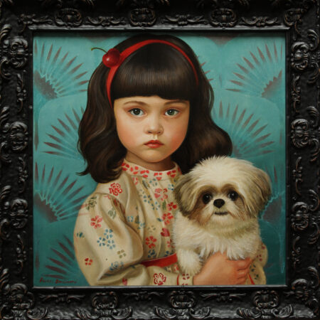 painting of a girl in victorian garb holding a puppy inn black ornate frame