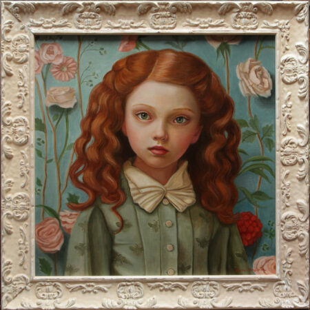 painting of a girl in victorian garb with red hair on a blue floral background in white frame